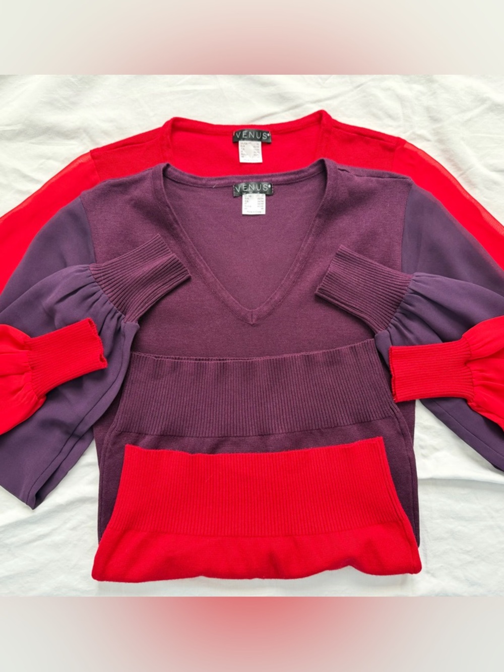 VENUS Bundle | 2 Sheer Sleeve Stretch Knit V-Neck Sweaters | Red & Purple | XS - Picture 8 of 16